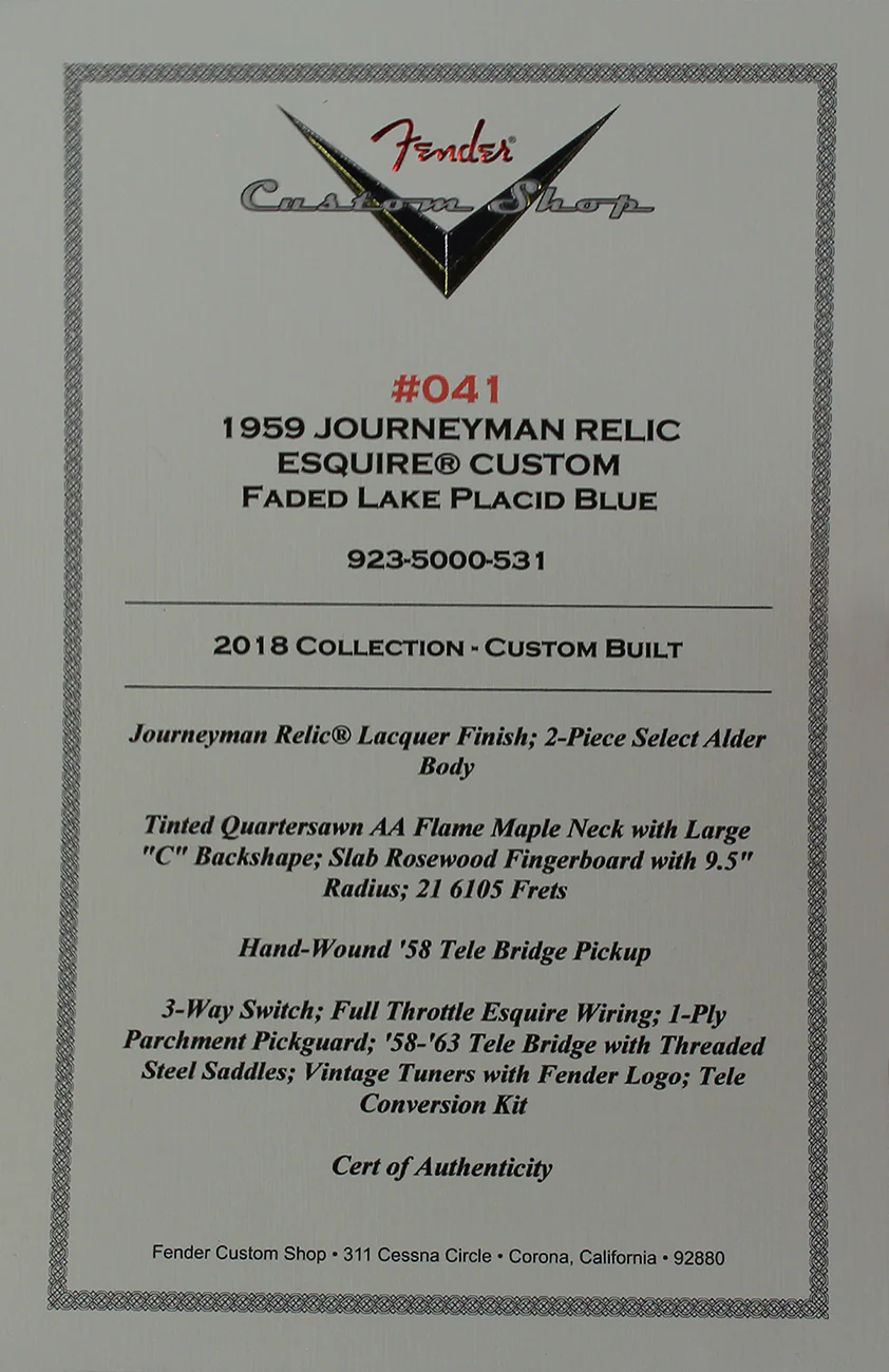 Fender Custom Shop Journeyman 1959 Custom Esquire, Lake Placid Blue - Image 11