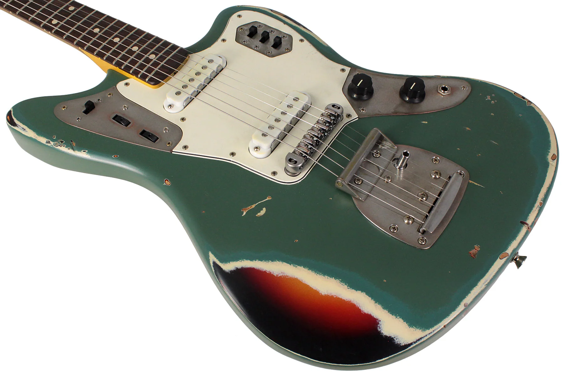 Nash Guitars JG63 Guitar, Army Green over 3 Tone Sunburst, Matching Headstock, Heavy Aging - Image 4