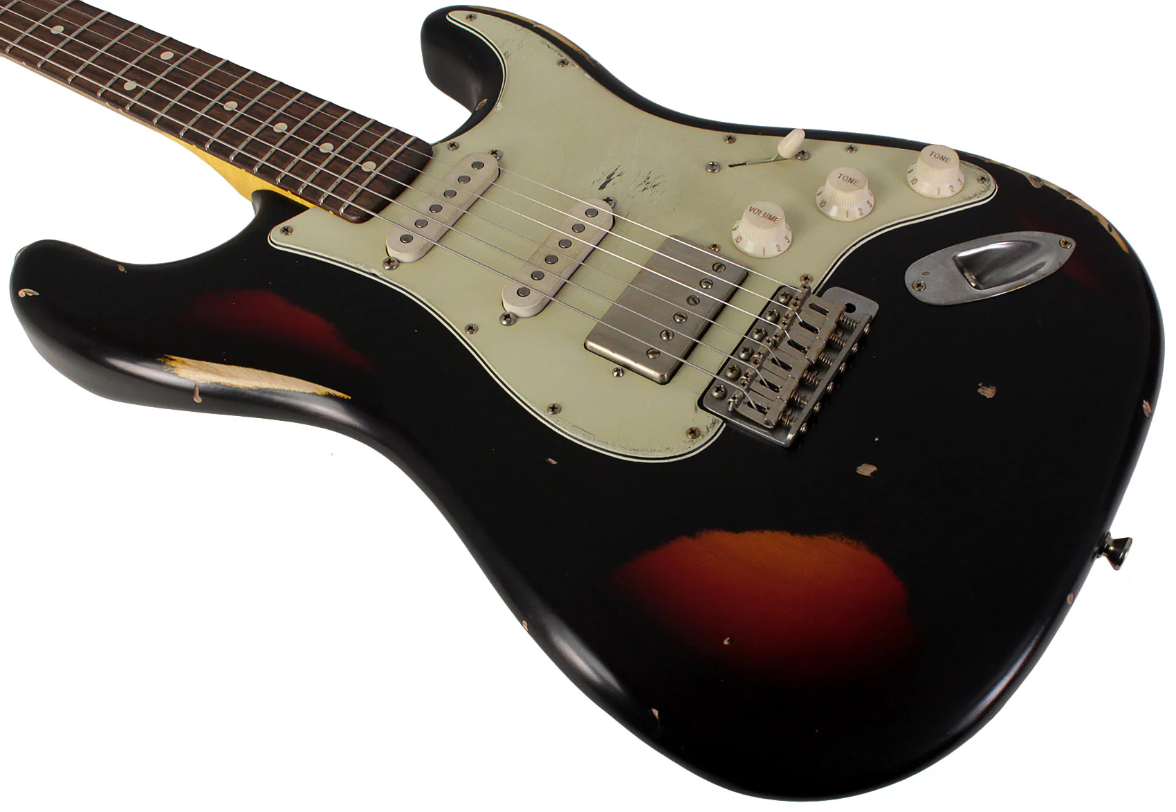 Nash S63 Guitar, HSS, Black over 3 Tone Sunburst, Heavy Aging - Image 4