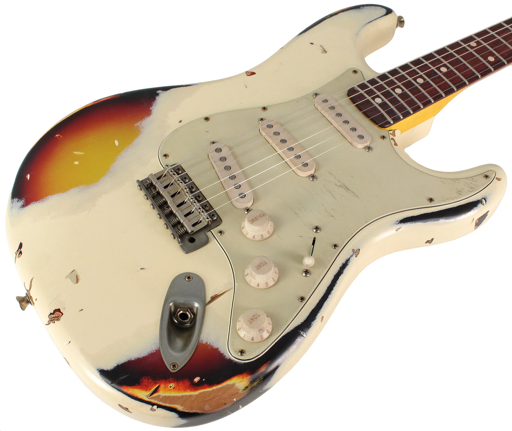 Nash S63 Guitar, Aged Olympic White over 3 Tone Sunburst - Image 2