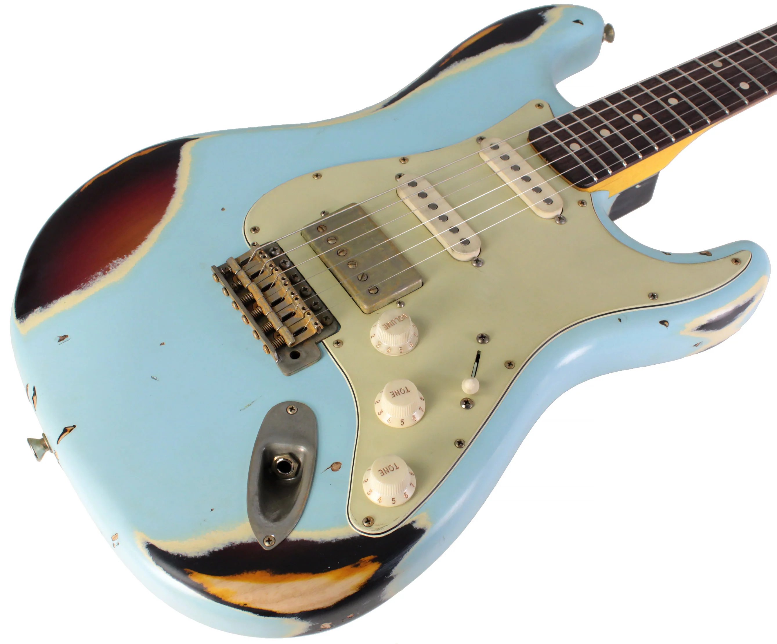Nash S63 HSS Guitar, Sonic Blue over 3 Tone Sunburst - Image 2