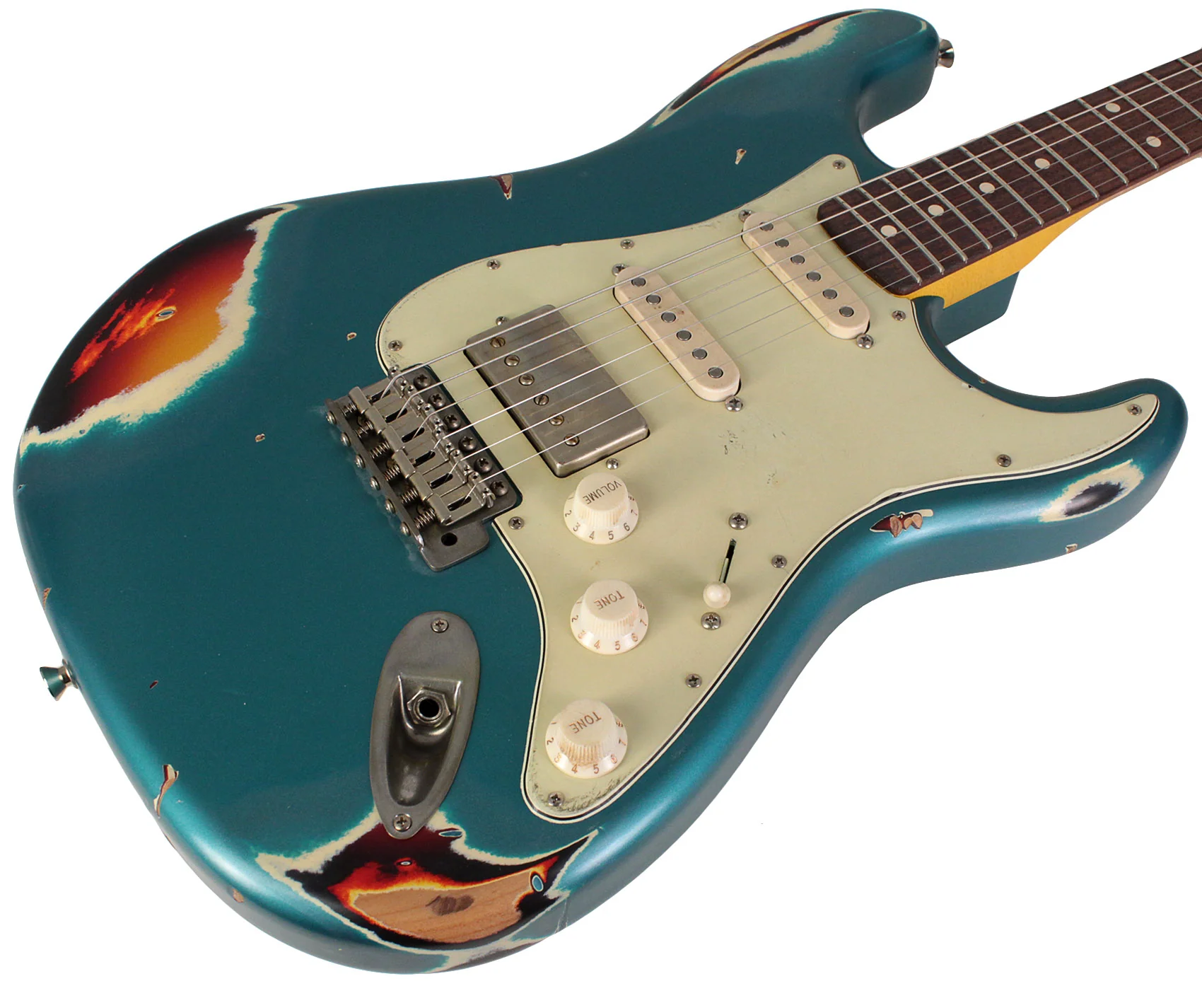 Nash S63 Guitar, HSS, Ocean Turquoise over 3 Tone Sunburst, Heavy Relic - Image 2