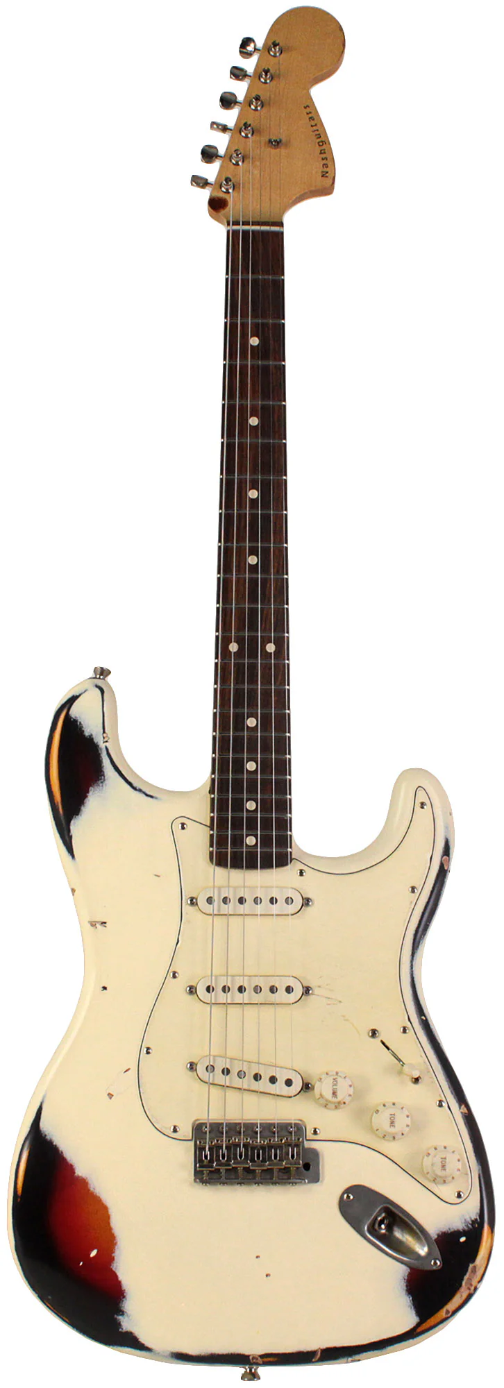 Nash S67 Guitar, Olympic White over 3 Tone Sunburst, Heavy Aging