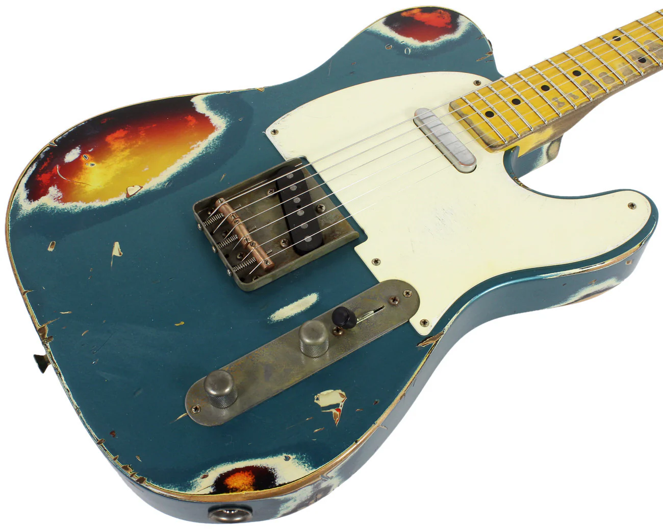 Nash T57 Guitar, Turquoise over 3 Tone Sunburst, Very Heavy Relic