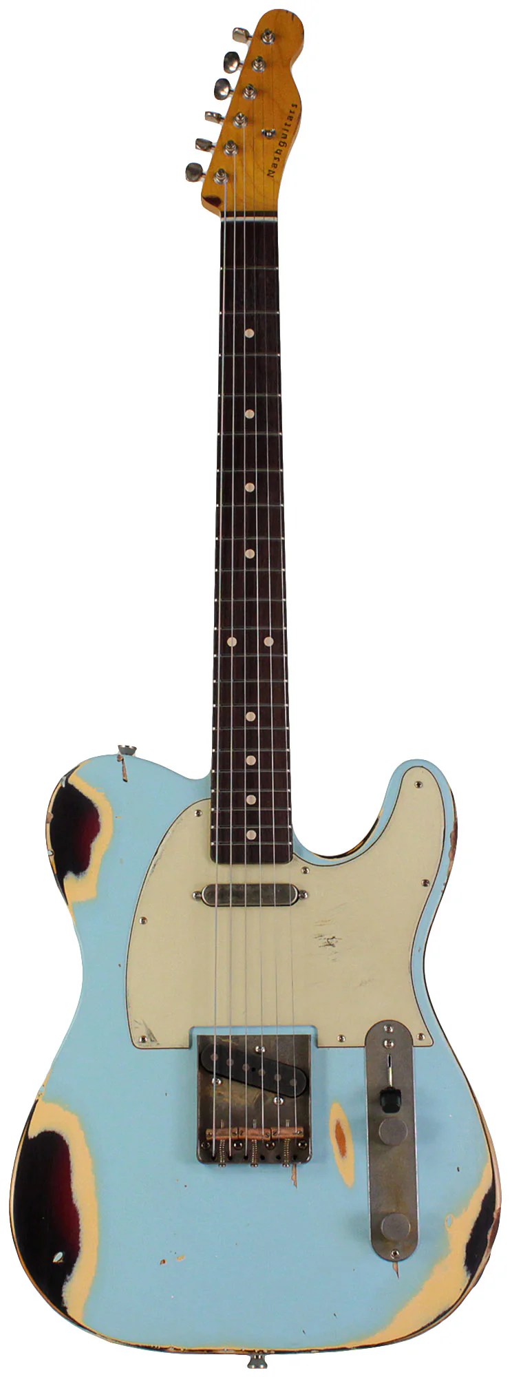 Nash T63 Guitar, Sonic Blue over 3 Tone Sunburst, Heavy Aging