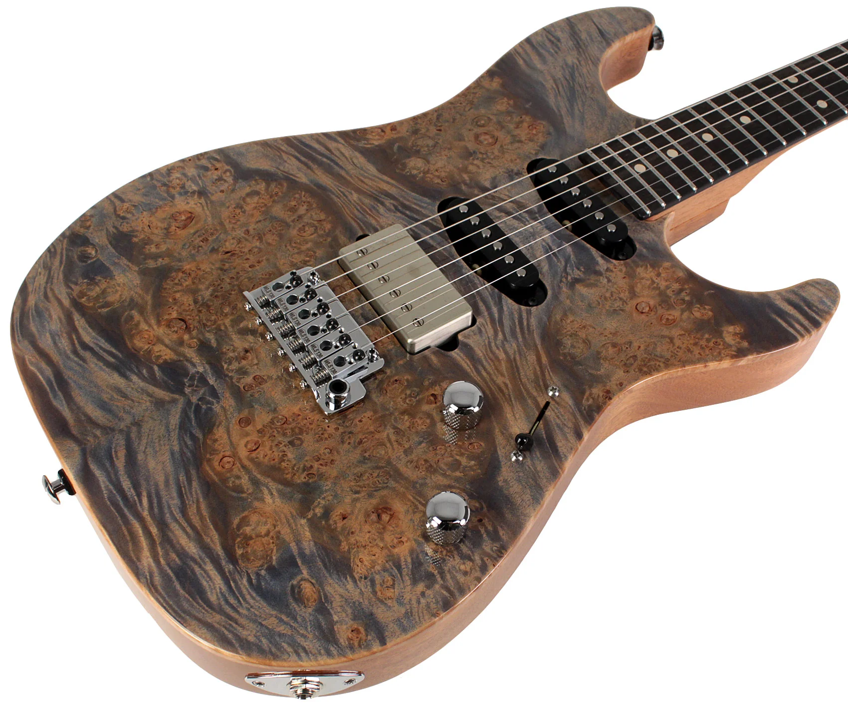 Suhr Select Standard Plus Mahogany Guitar, Burl Maple, Trans Blue Denim Slate - Image 2