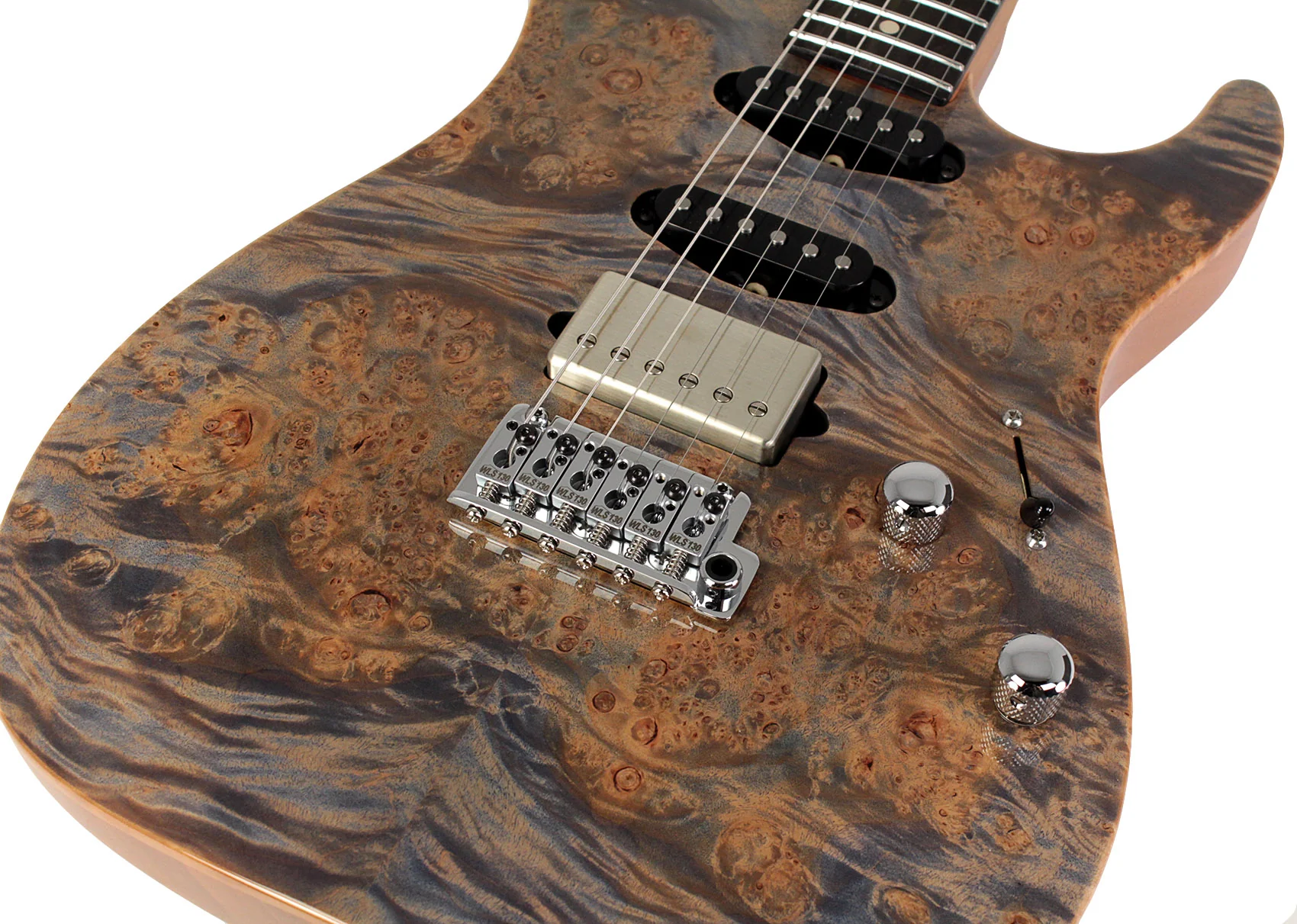 Suhr Select Standard Plus Mahogany Guitar, Burl Maple, Trans Blue Denim Slate - Image 4