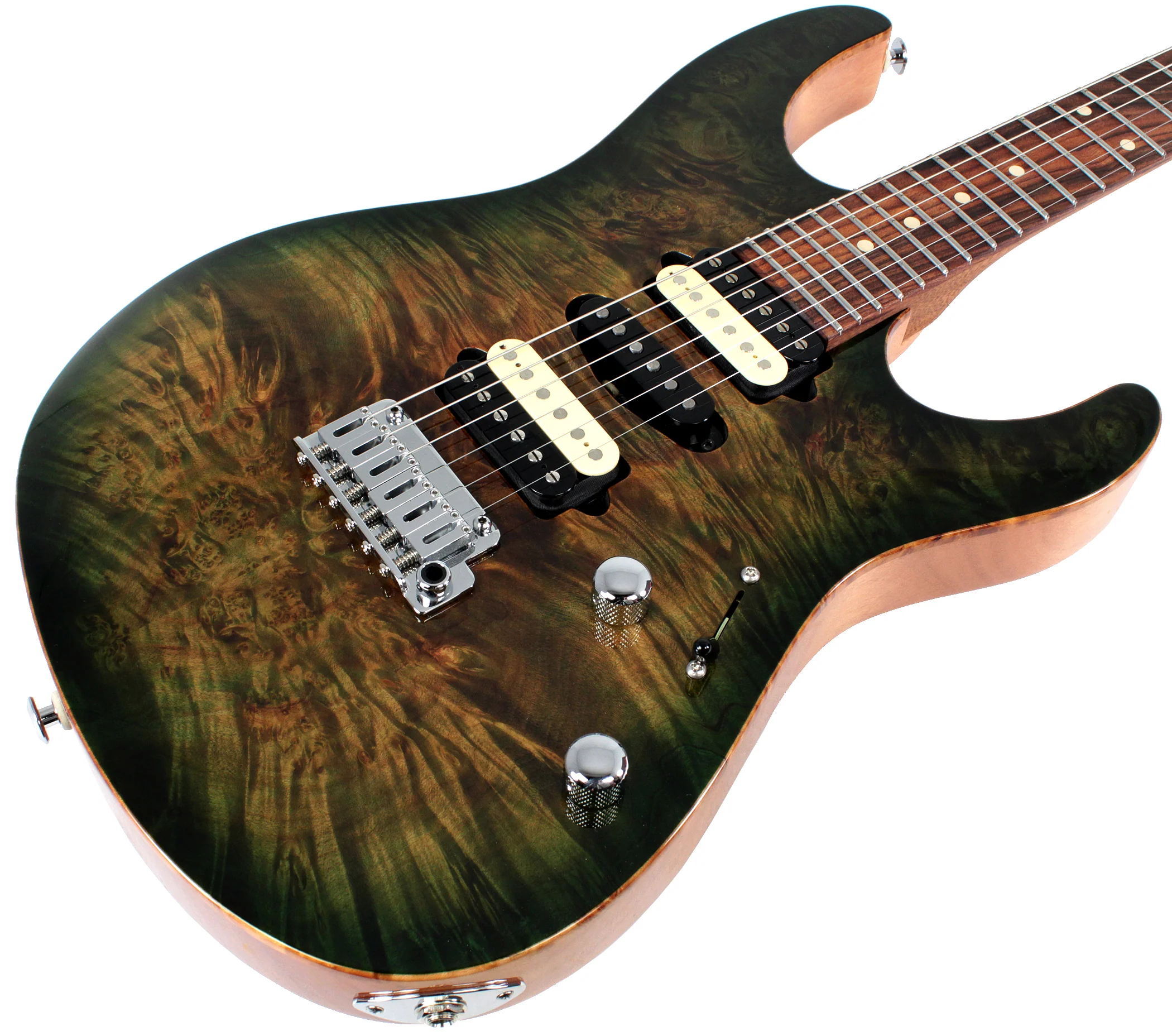 Suhr Modern Select Mahogany Guitar, Trans Green, Burl - Image 2