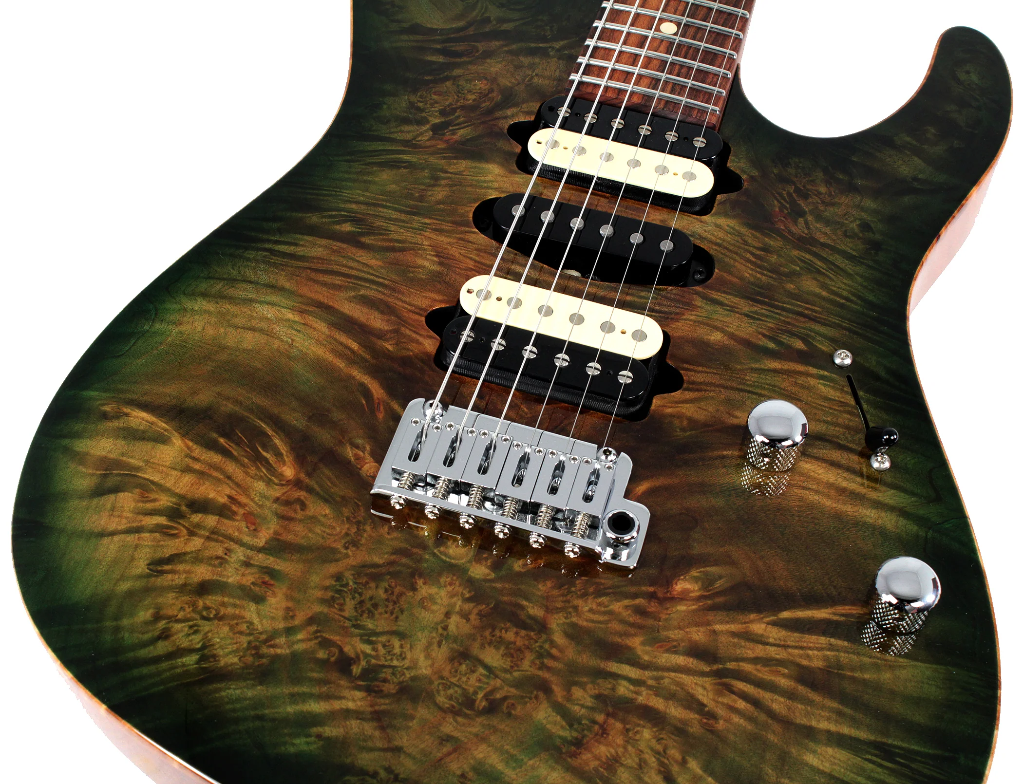 Suhr Modern Select Mahogany Guitar, Trans Green, Burl - Image 3