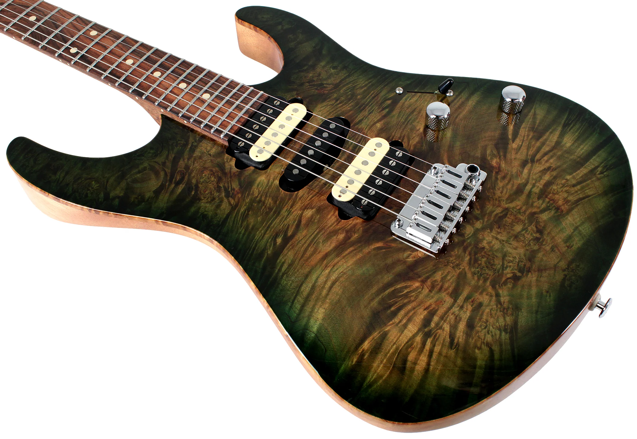 Suhr Modern Select Mahogany Guitar, Trans Green, Burl - Image 4