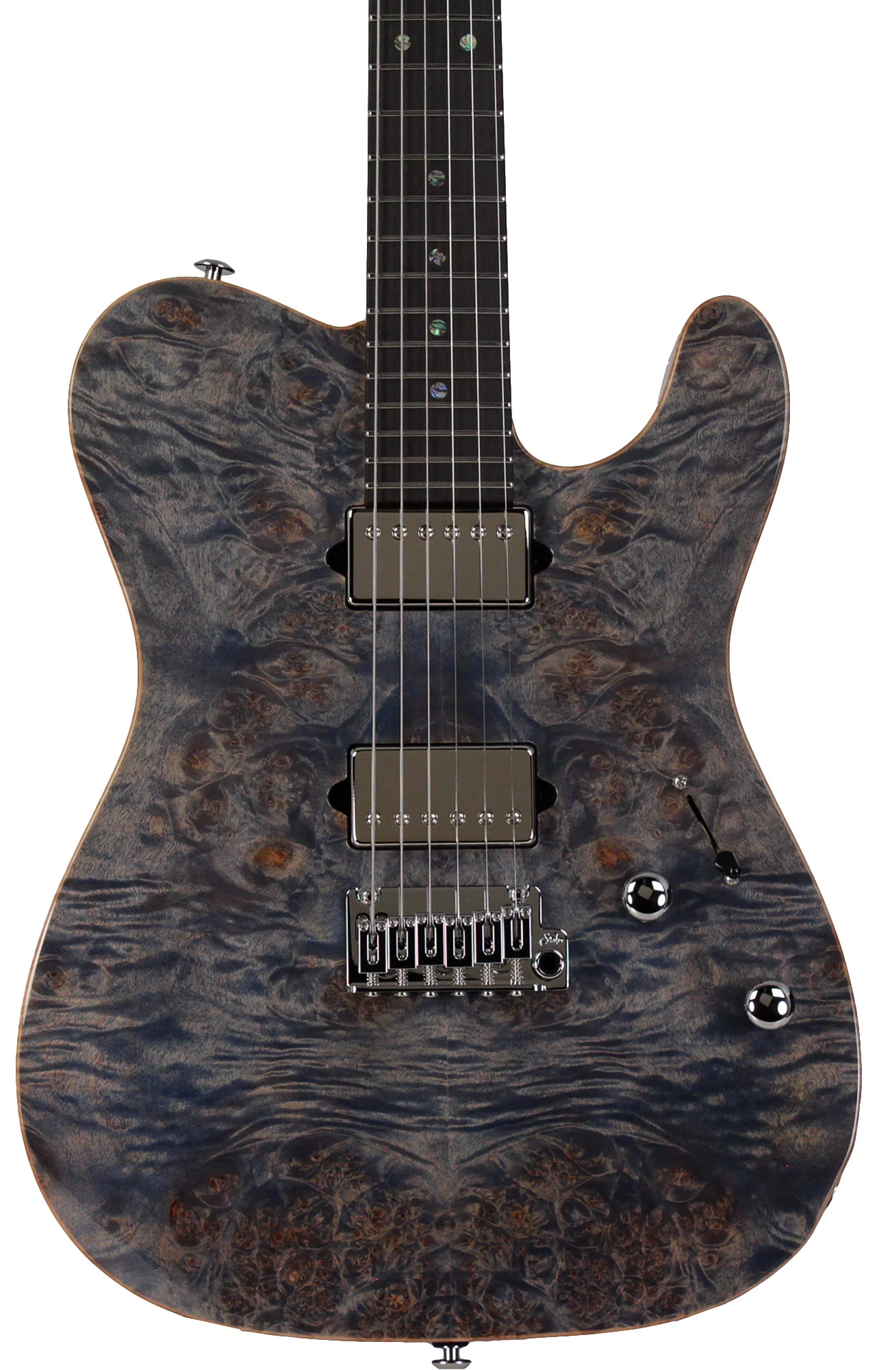Suhr Select Modern T Mahogany Guitar, Trans Blue Denim Slate Burl - Image 6
