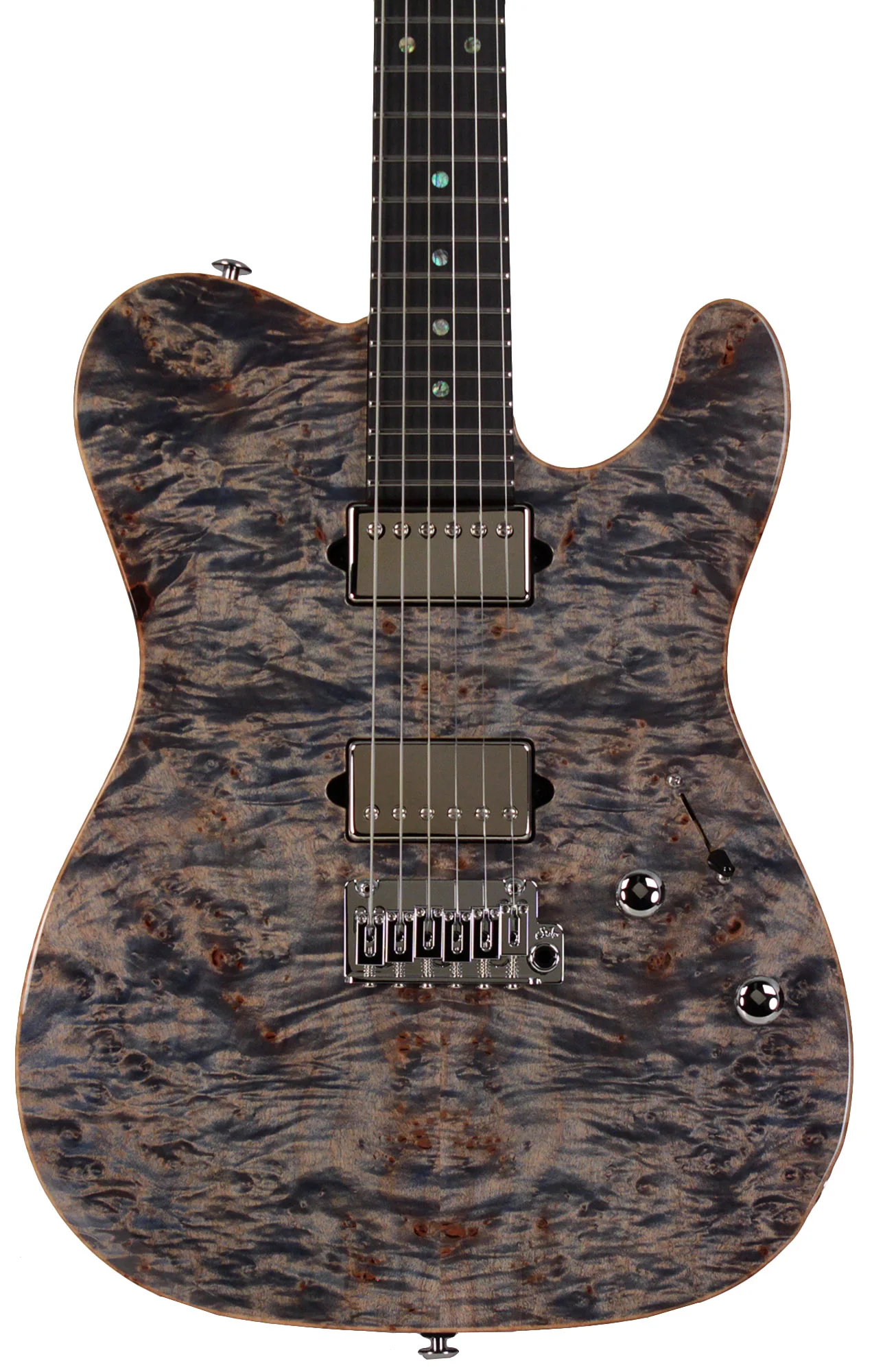 Suhr Select Modern T Mahogany Guitar, Trans Blue Denim Slate Burl - Image 6