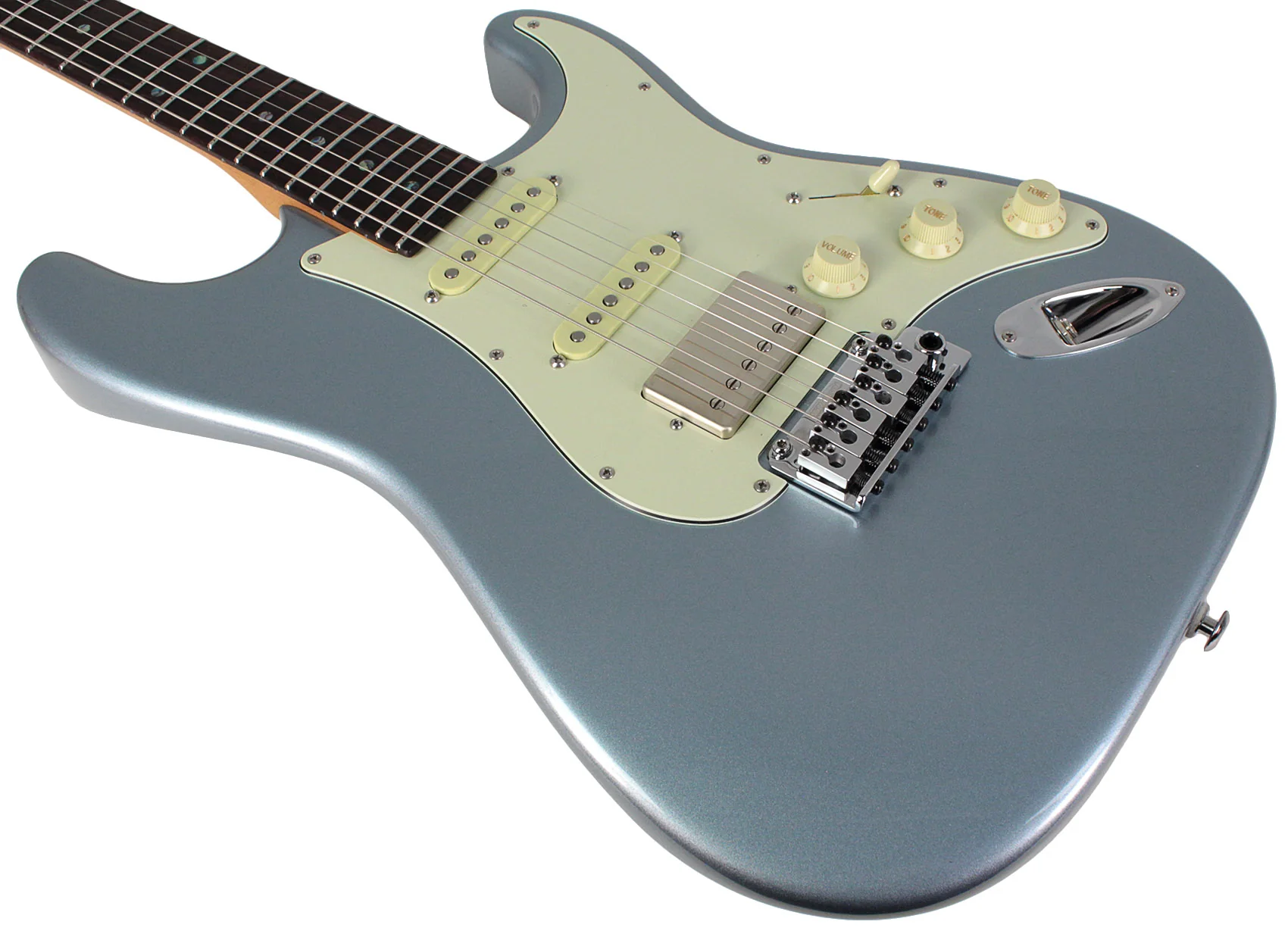 Suhr Select Classic S HSS Guitar, Roasted Neck, Ice Blue Metallic, Aged Green - Image 4